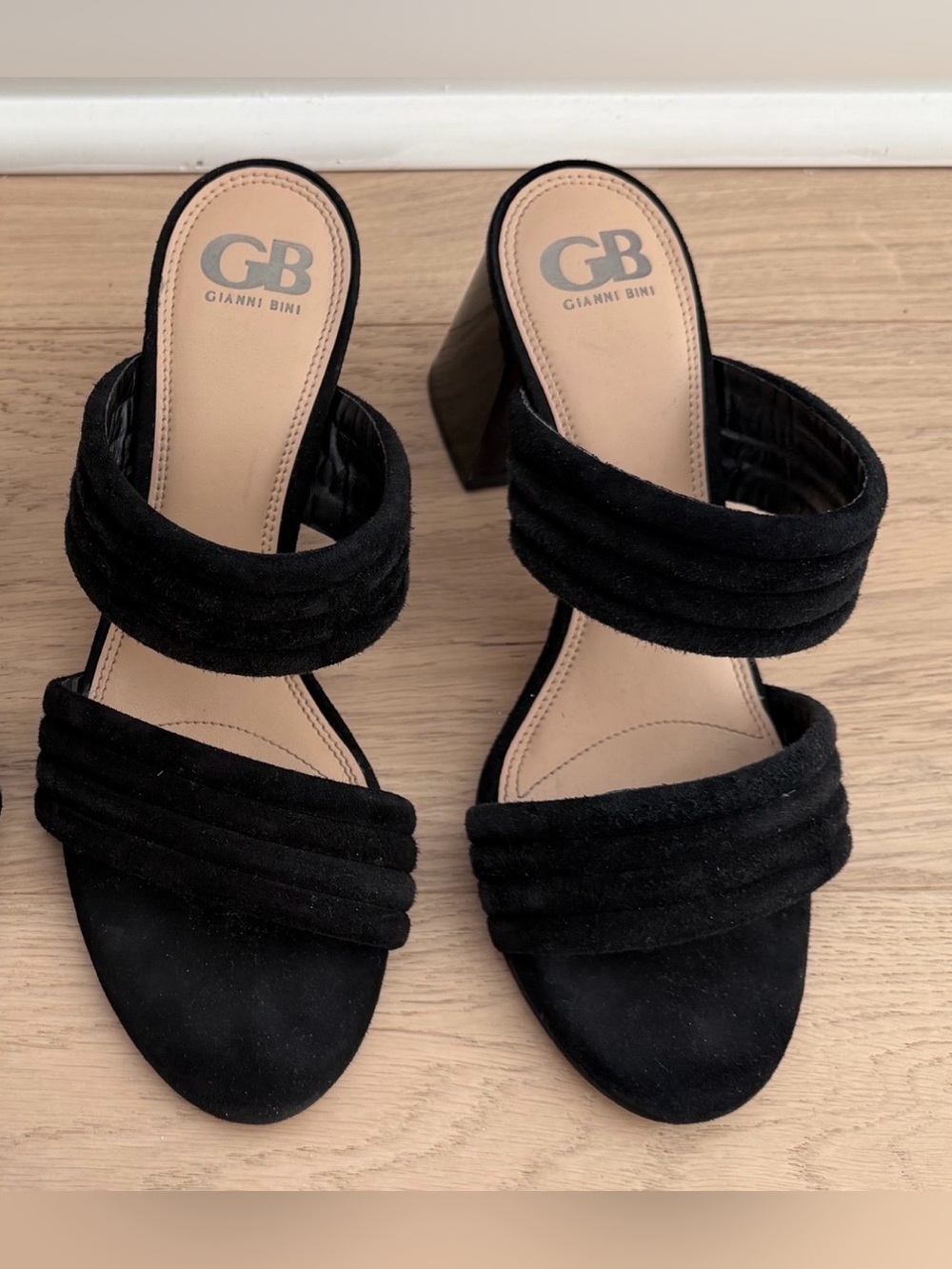 Gianni Bini Black Suede Double-Band Block Heel Mules